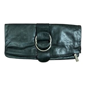 Hobo Clutch Bag Black Foldover Top Zip Silver Ring Accent